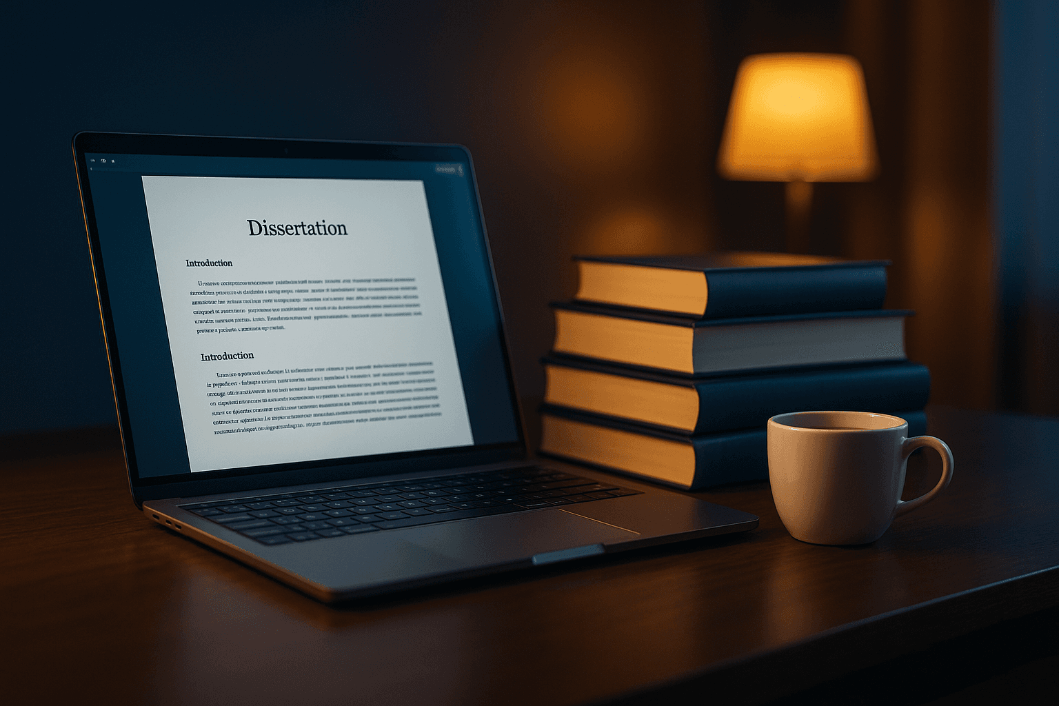 Dissertation manuscript open on a laptop beside academic reference books